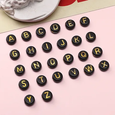 Acrylic Alphabet Beads Black Base Gold Letters Flat Round Beads For DIY Jewelry Making Bracelet Necklace Making Jewelry
