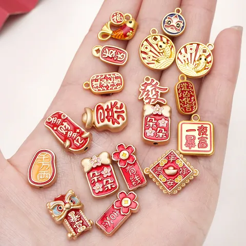 Gold Plated Copper Enamel Charms For Jewelry Making DIY Koi Fish Lion Dance Fortune Symbols Pendants For Bracelet Necklace