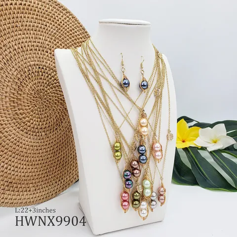 Parure Collier Boucles d'Oreilles Künstliche Perle Coquille Hawaïenne Pendentif Gousse Enveloppé Cuivre Plaqué Or Bijoux Plage Femme