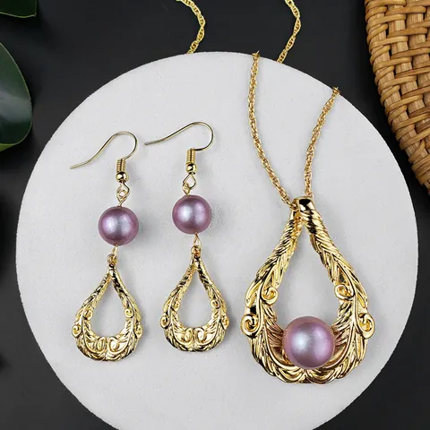 Vintage Hawaiian Style Alloy Faux Pearl Hollow Teardrop Pendant Necklace And Dangle Earrings Jewelry For Women
