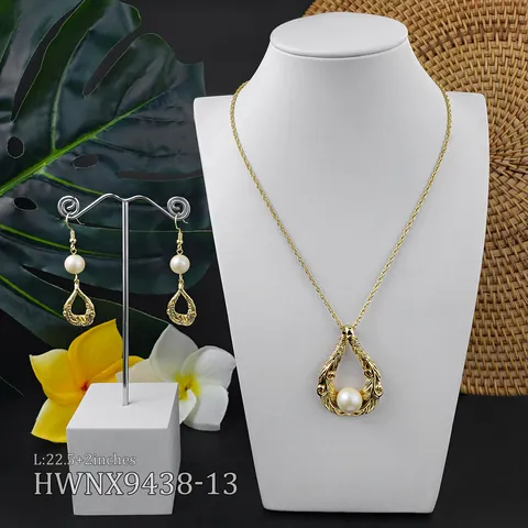 Vintage Hawaiian Style Alloy Faux Pearl Hollow Teardrop Pendant Necklace And Dangle Earrings Jewelry For Women