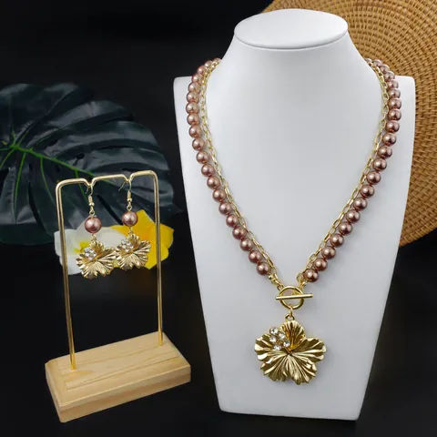 Hawaiian Hibiscus Flower Jewelry Set For Women Tropical Shell Pearl Double Layer Necklace Hook Earrings Gold Plated Alloy Jewelry