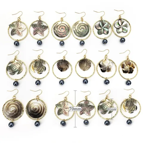 Boucles d'Oreilles Pendantes Style Hawaïen en Coquille d'Abalone Naturelle Pour Femmes Alliage Plaqué Or Tortue Marine Fleur Bijoux