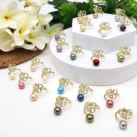 Hawaïaanse Stijl Monstera Blad Open Ring Voor Vrouwen Koper Verguld Schelpparel Verstelbare Tropische Sieraden Vingerring Cadeau