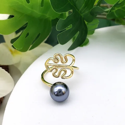 Hawaïaanse Stijl Monstera Blad Open Ring Voor Vrouwen Koper Verguld Schelpparel Verstelbare Tropische Sieraden Vingerring Cadeau