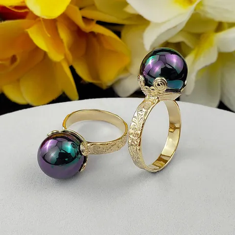 Anello in Perla di Conchiglia Vintage Barocco per Donna in Rame Placcato Oro Intagliato Floreale Stile Hawaiano Gioielli