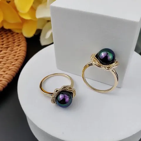 Vintage Elegante Zwarte Parelmoer Schelp Bloem Ring 14k Verguld Koper Hawaiiaanse Stijl Vinger Sieraden Voor Vrouwen Cadeau