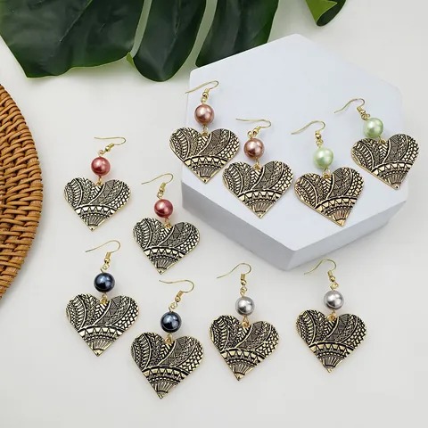 Vintage Bohemian Alloy Heart Drop Earrings With Tribal Totem Etching Shell Bead Ethnic Gold Hook Earrings For Women