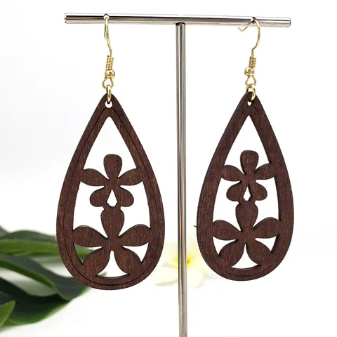 Hawaïaanse Houten Bloem Opengewerkte Oorhangers Voor Vrouwen Boheemse Waterdruppel Oorbellen Natuurlijk Houten Sieraden Cadeau