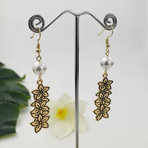 Boucles d'Oreilles Pendantes Plumeria Hawaïennes Vintage en Alliage d'Or Fleur avec Künstliche Perle d'Imitation pour Femme Bijoux de Fête