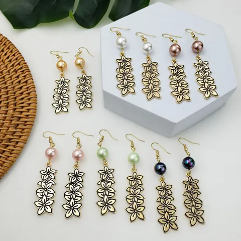 Boucles d'Oreilles Pendantes Plumeria Hawaïennes Vintage en Alliage d'Or Fleur avec Künstliche Perle d'Imitation pour Femme Bijoux de Fête