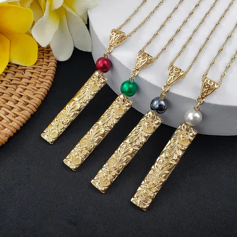 Hawaiian Jewelry Necklace And Earrings Alloy Shell Artificial Pearl Hibiscus Flower Engraved Bar Pendant Vacation Jewelry For Women