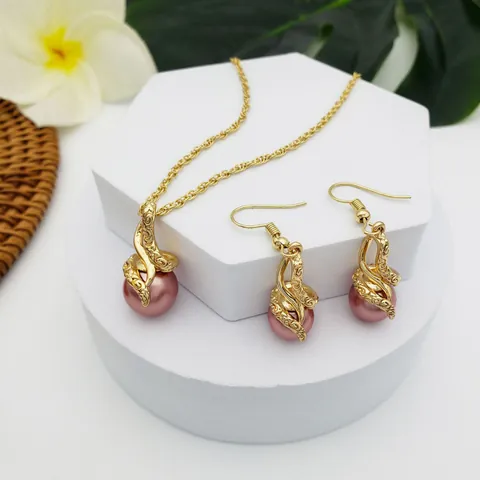 Vintage Alloy Shell Artificial Pearl Jewelry Set Floral Wrap Pendant Necklace Drop Earrings For Women Elegant Tropical Fashion Jewelry