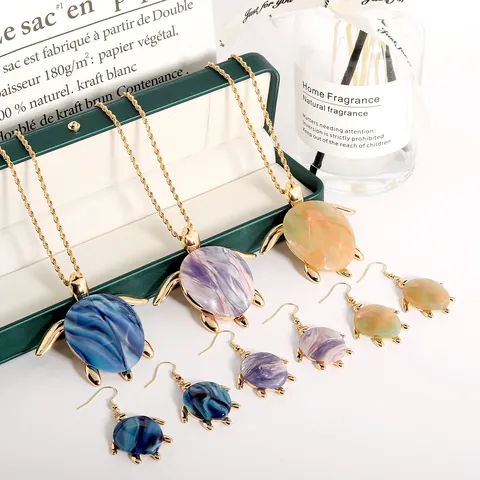 Fashion Sea Turtle Necklace Earrings Resin Marble Copper Gold Plated Women Beach Holiday Summer Jewelry Accessories