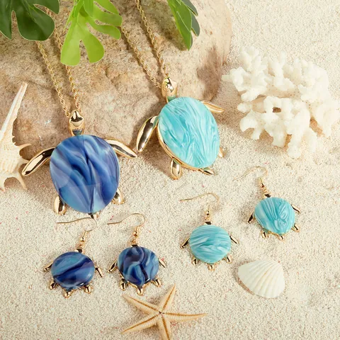 Fashion Sea Turtle Necklace Earrings Resin Marble Copper Gold Plated Women Beach Holiday Summer Jewelry Accessories