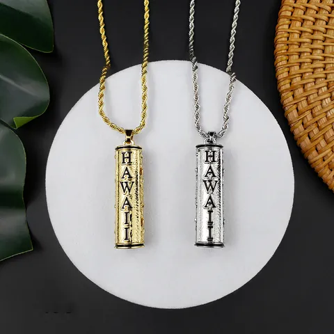 Collar de Colgante Tallado de Cilindro Hueco Estilo Isla de Samoa Hawaiana Joyería de Aleación Vintage Con Cadena de Cuerda para Mujer Hombre Vacaciones