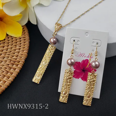 Hawaiian Style Gold Plated Alloy Long Bar Carved Necklace Earrings Jewelry Set With Shell Artificial Pearl Tropical Flower Jewelry