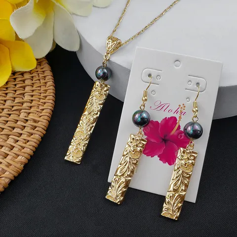 Hawaiian Jewelry Necklace And Earrings Alloy Shell Artificial Pearl Hibiscus Flower Engraved Bar Pendant Vacation Jewelry For Women