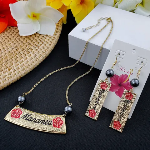 Polynesische Hawaiiaanse Sieradenset Goudlegering Hibiscus Bloem Emaille Eiland Ketting Haak Oorbellen Voor Vrouwen Tropisch Strand Cadeau