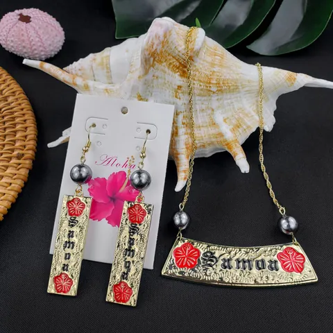 Polynesische Hawaiiaanse Sieradenset Goudlegering Hibiscus Bloem Emaille Eiland Ketting Haak Oorbellen Voor Vrouwen Tropisch Strand Cadeau