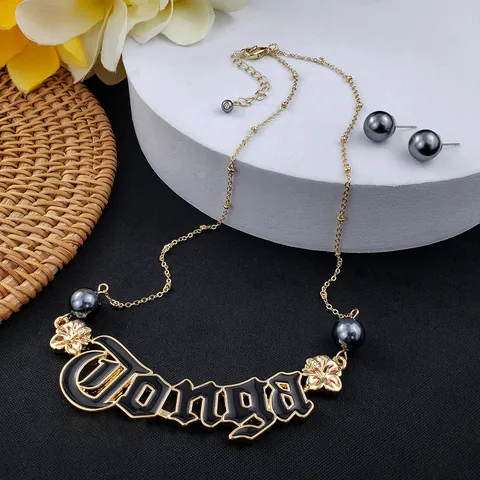Polynesische Stijl Legering Emaille Letter Ketting En Parel Oorbellen Hawaiiaanse Tropische Bloem Sieraden Voor Vrouwen