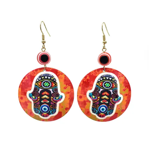 Boho Hand Der Fatima Böser Blick Ohrhänger Acryl Bedruckt Mandala Blume Tropfenohrringe Exotischer Schmuck Für Damen