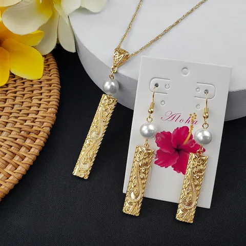 Hawaiian Style Gold Plated Alloy Long Bar Carved Necklace Earrings Jewelry Set With Shell Artificial Pearl Tropical Flower Jewelry