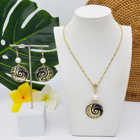 Hawaiian Style Jewelry Set Alloy Enamel Wave Pattern Necklace Earrings Set With Shell Artificial Pearl Tropical Island Style Women Jewelry