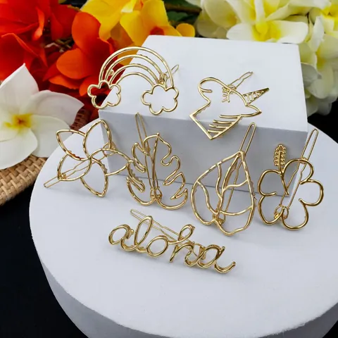 Hawaiian Style Hollow Metal Hair Clips Gold Plated Tropical Leaves Rainbow Mermaid Pineapple Alloy Duckbill Clips For Women Beach Vacation Jewelry