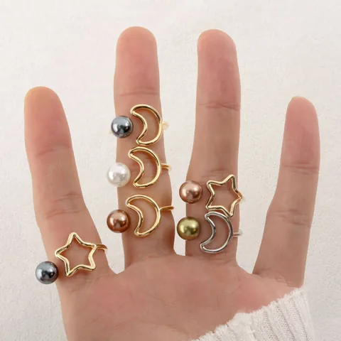 14K Gold Plated Copper Hollow Star Moon Open Ring With Natural Mother Of Pearl Adjustable Minimalist Jewelry For Women