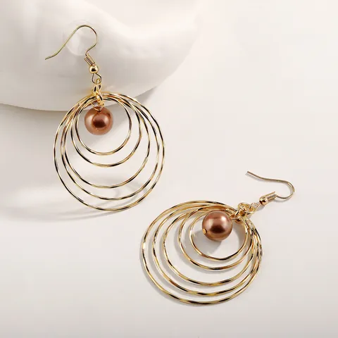 Bohemian Gold Plated Alloy Multi Layer Concentric Circle Drop Earrings With Faux Artificial Pearl Shell Hawaiian Jewelry For Women