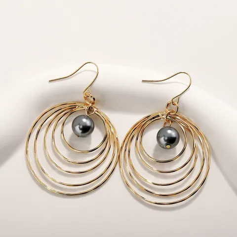Bohemian Gold Plated Alloy Multi Layer Concentric Circle Drop Earrings With Faux Artificial Pearl Shell Hawaiian Jewelry For Women