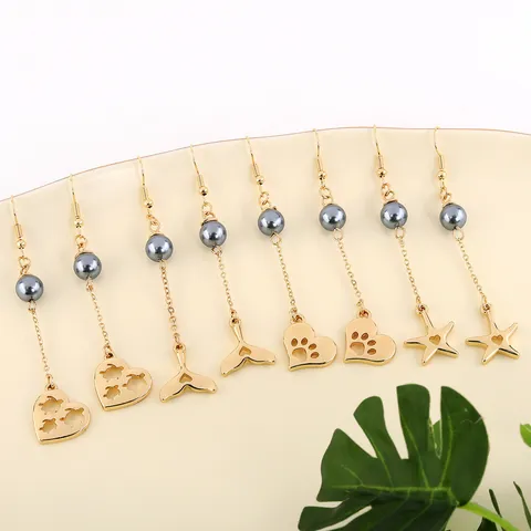 Hawaiian Shell Artificial Pearl Drop Earrings For Women Gold Plated Alloy Hollow Monstera Leaf Palm Tree Starfish Whale Tail Jewelry
