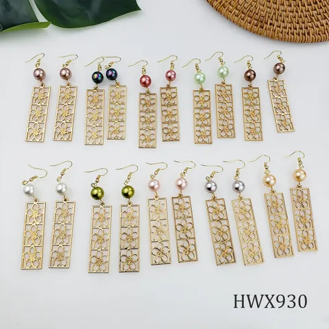 Hawaiian Style Hollow Rectangle Drop Earrings With Colorful Imitation Pearls Gold Alloy Floral Dangle Earrings For Women