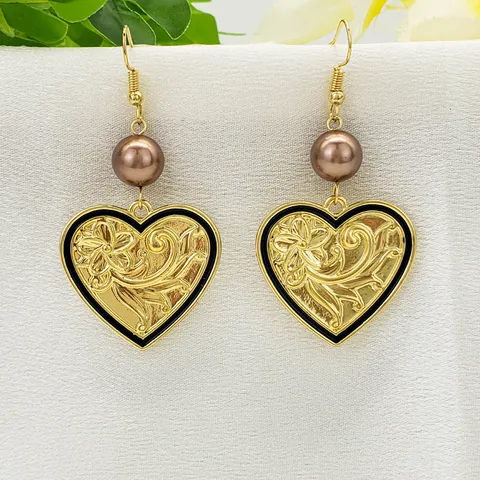 Vintage Alloy Heart Dangle Earrings Flower Relief Enamel Gold Color Resin Artificial Pearl French Style Earrings For Women Jewelry