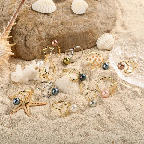 14K Gold Plated Copper Hollow Star Moon Open Ring With Natural Mother Of Pearl Adjustable Minimalist Jewelry For Women