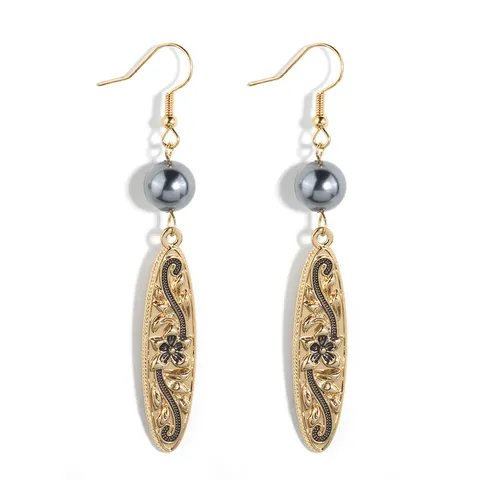 Vintage Polynesian Style Alloy Floral Carved Oval Drop Earrings With Gray Faux Pearl Gold Plated Dangle Earrings For Women Vacation Jewelry