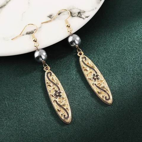 Vintage Polynesian Style Alloy Floral Carved Oval Drop Earrings With Gray Faux Pearl Gold Plated Dangle Earrings For Women Vacation Jewelry