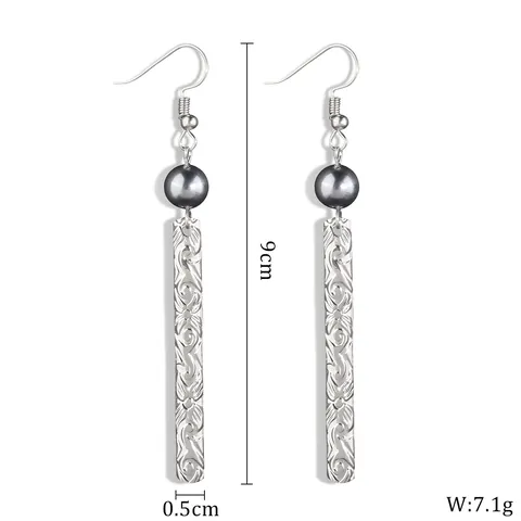 Vintage Hawaiian Style Long Strip Dangle Earrings For Women Platinum Plated Copper Shell Artificial Pearl Embossed Floral Ear Jewelry