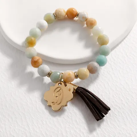 Natural Stone Beaded Bracelet With Letter Pendant Tassel Bohemian Multicolored Amazonite Jewelry For Women Gift