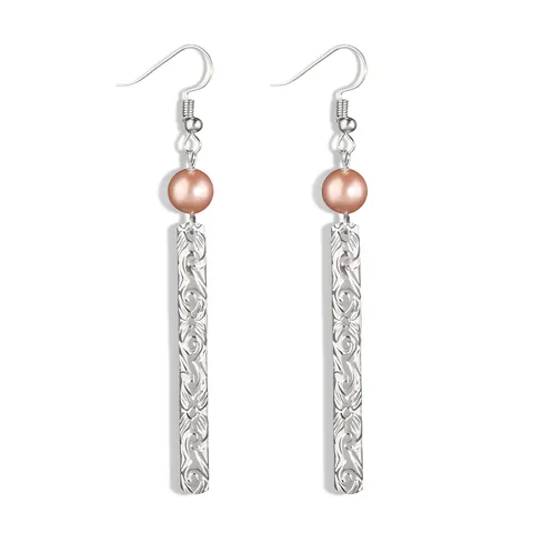 Vintage Hawaiian Style Long Strip Dangle Earrings For Women Platinum Plated Copper Shell Artificial Pearl Embossed Floral Ear Jewelry