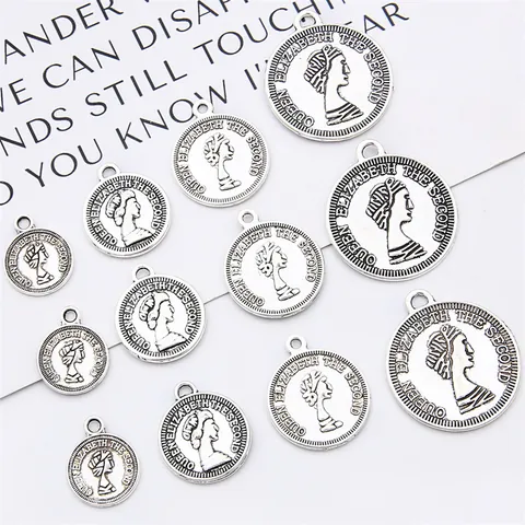Vintage Antique Silver Alloy Queen Elizabeth II Coin Pendants Round Portrait Charms For DIY Jewelry Making Bracelet Necklace Accessories