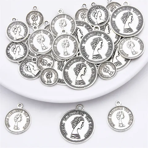 Vintage Antique Silver Alloy Queen Elizabeth II Coin Pendants Round Portrait Charms For DIY Jewelry Making Bracelet Necklace Accessories