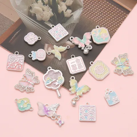 DIY Jewelry Making Alloy Enamel Butterfly Flower Fan Pendants Chinese Style Auspicious Blessing Charms For Bracelet Necklace Accessory