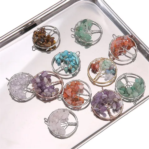 Natural Crystal Stone Chips Tree Of Life Pendant Handmade Wire Wrapped Round Charms For Jewelry Making DIY Necklace Gift