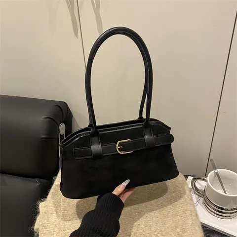 Bolso de Axila de Gamuza Vintage para Mujer Gran Capacidad Bolso de Hombro Hebilla de Metal Color Sólido Moda Diaria Tote
