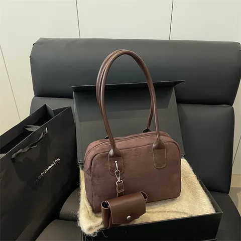 Dames Mode Namaaksuède Schoudertas Set Minimalistisch Vintage Underarm Bag Met Afneembare Mini Pouch Effen Kleur Tote Bag