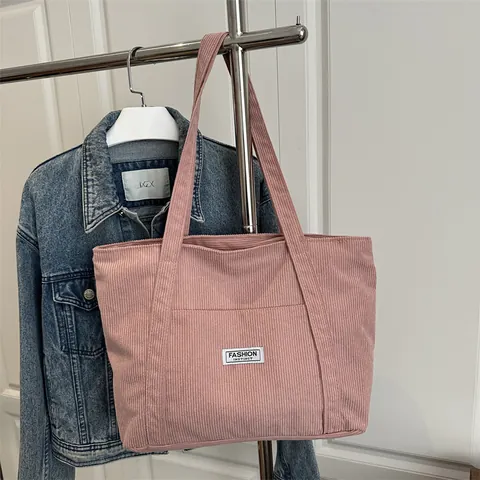 Women Corduroy Tote Bag Large Capacity Minimalist Shoulder Bag With Front Pocket Letter Patch Casual Commute Handbag Solid Color