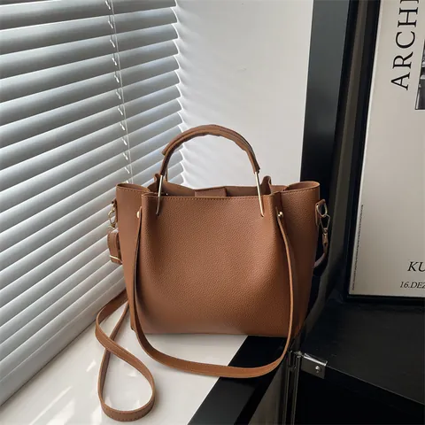 Bolso de Cubo de Cuero PU Minimalista Vintage para Mujer Patrón de Lichi Bolso Tote Color Sólido Bolso de Hombro Cruzado