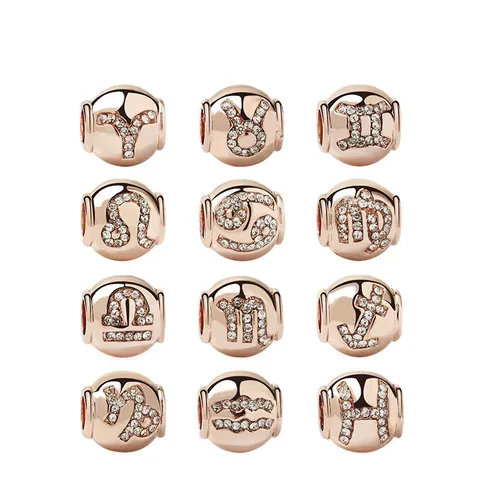 Rose Gold Alloy Zodiac Charms Beads With White Rhinestones DIY Large Hole Beads For Bracelet Necklace Women Jewelry